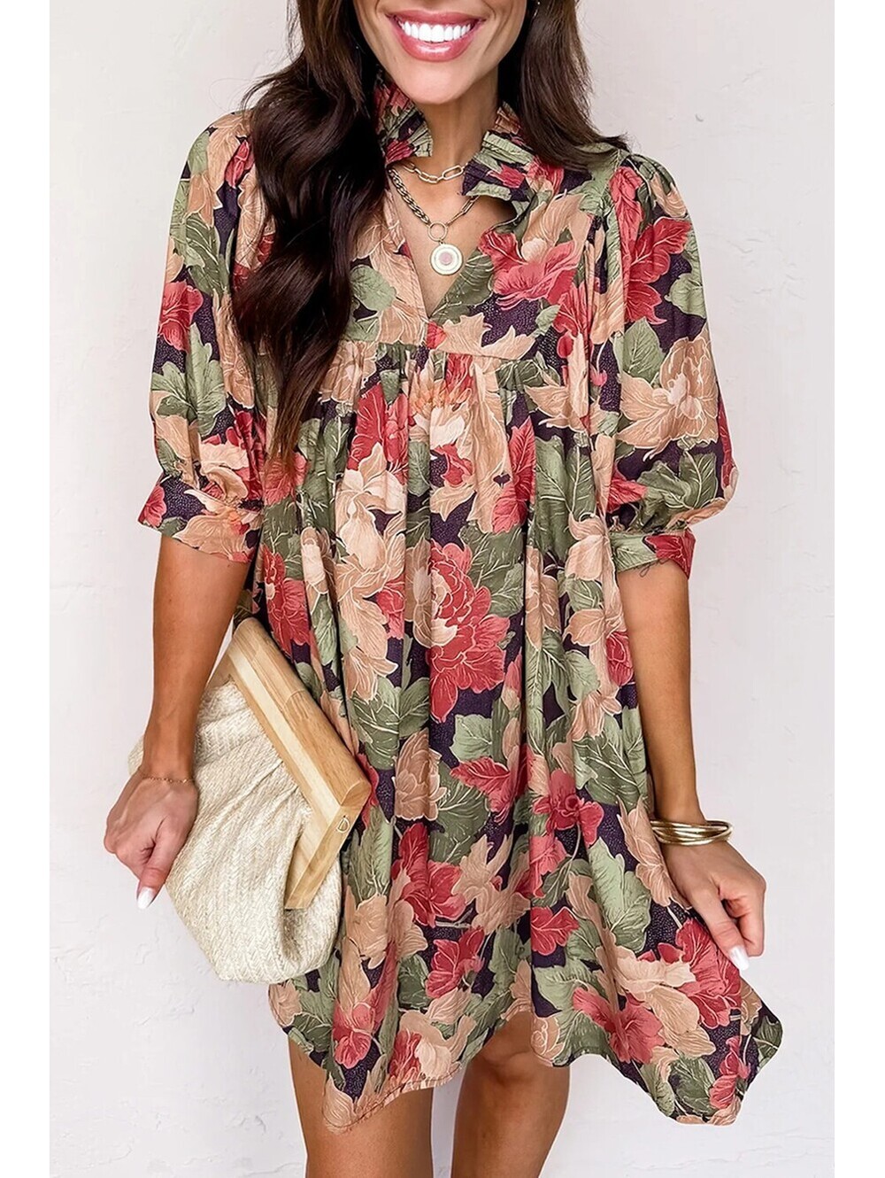 Floral Print Puff Sleeve Mini Dress with Ruffled Collar